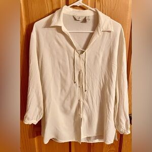 J. Jill Cream Rayon Crepe Tie Front Boho Blouse Medium Coastal Artsy Tunic Chic